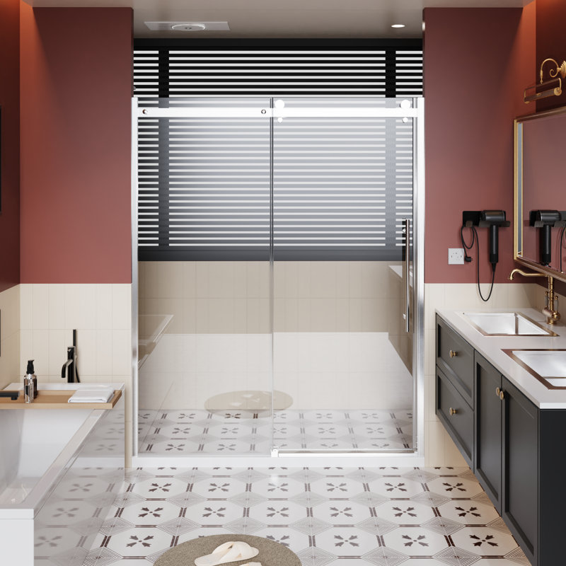 60 In W Single Sliding Shower Door 72 H With 1/4 Inch Thick Clear Tempered Glass, Stainless Steel Handle, Adjustable Width - Reversible Mount, Stain Aluminum Alloy Rail Installation, Structure