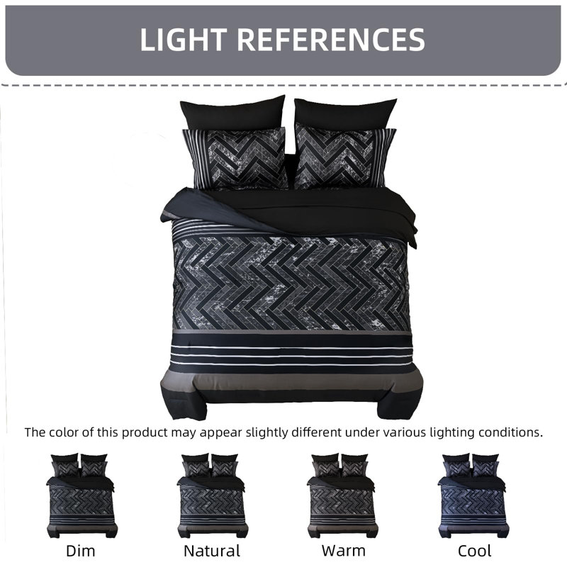 7-Piece Stripe Geometric Comforter Set, Soft Microfiber All-Season Complete Bedding Set, Black