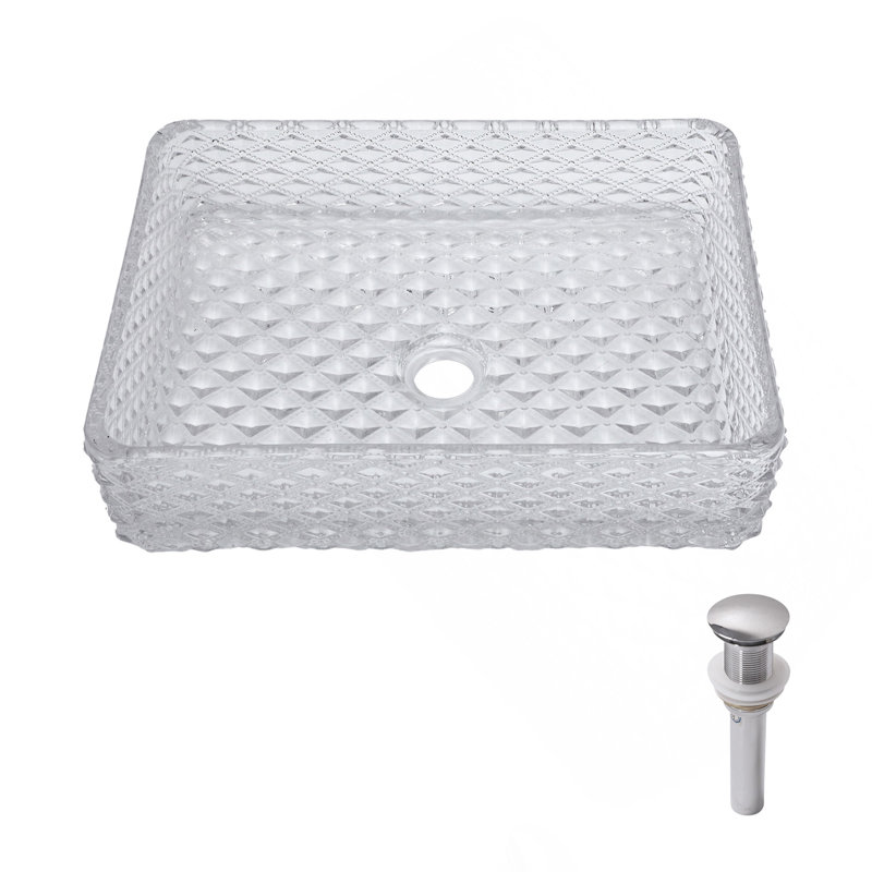 Lavabo de salle de bain rectangulaire au-dessus du comptoir pour salle de bain, design à texture de diamant, lavabo en verre trempé avec bonde escamotable (sans robinet)