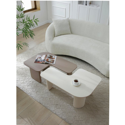 Ensemble de 2 tables basses modulaires modernes, tables de ferme à combinaison libre avec peinture multicouche, table d'appoint pour canapé, tables d'angle polyvalentes pour le salon, kaki et blanc