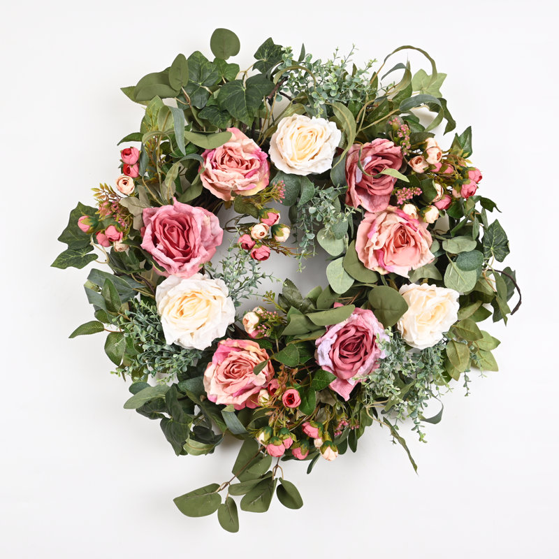 Grande couronne de fleurs en fausse rose eucalyptus 26 po