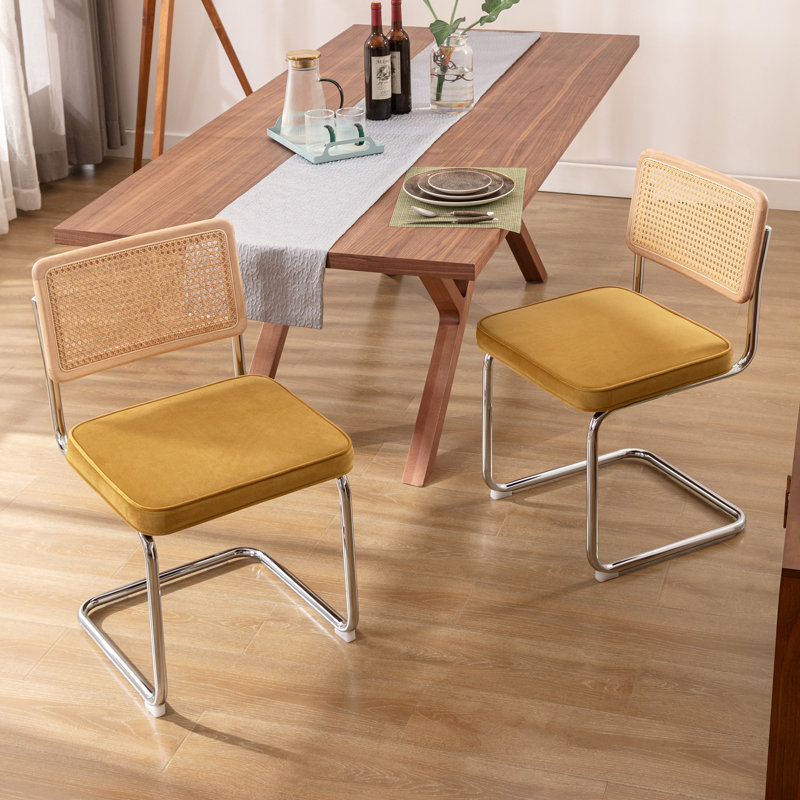 Yellow Velvet Upholstered Side Chair with Chrome Legs and Cane Back