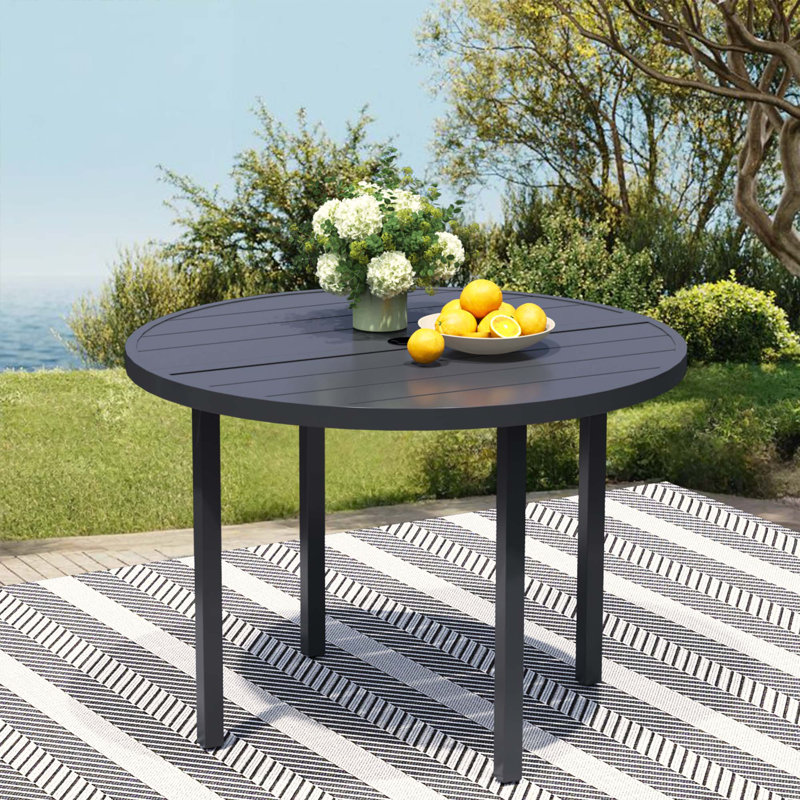 Metal Outdoor Table, Round Table for 6 with Umbrella Hole, Patio Table with Modern Minimalist Design, Black, 42''W