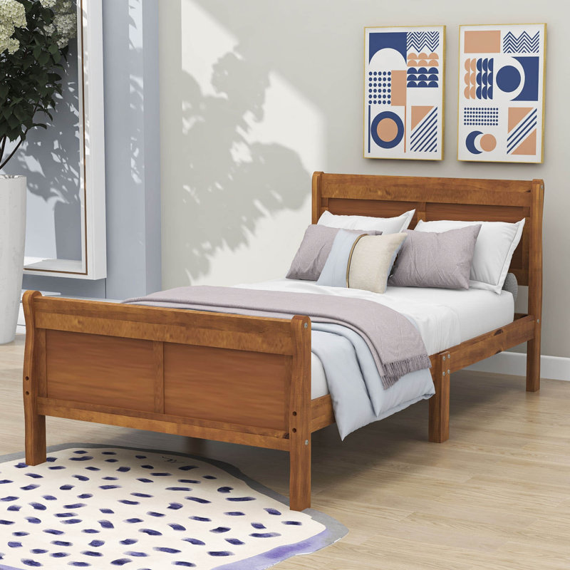 Twin Size Wooden Platform Bed with Headboard, Oak