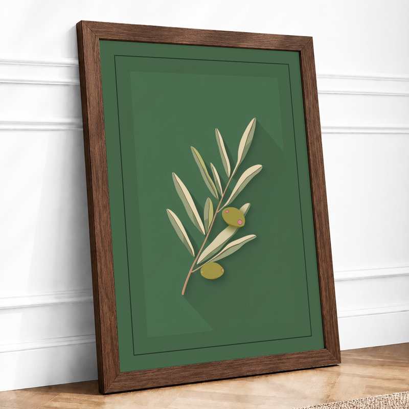 Olive Branch in Gold Botanical - Framed Print, A2 - 59.4 x 42.0 cm, Walnut