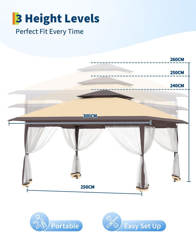 3m x 3m Pop Up Gazebo | Double Roof Garden Shelter with Netting & Sandbags | Height Adjustable Outdoor Party Tent