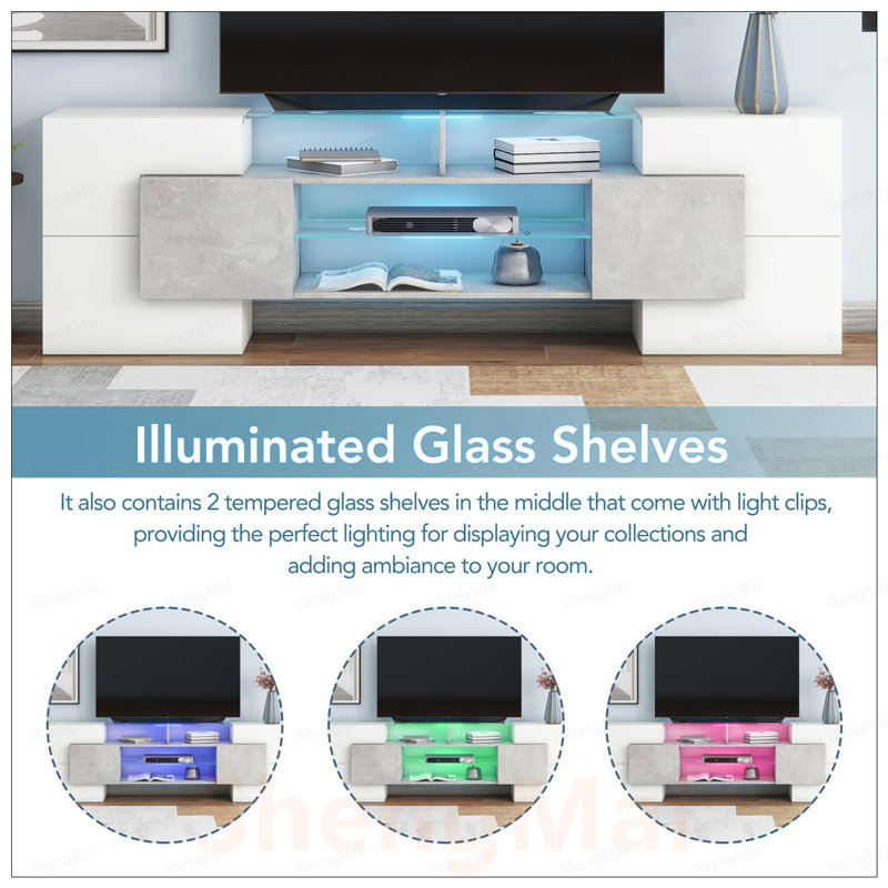 Meuble télé de forme unique avec 2 tablettes en verre illuminées, centre de divertissement ultrabrillant pour téléviseurs jusqu'à 88 po, armoire à DEL polyvalente pour le salon