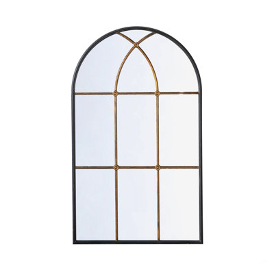 28.3x47" Arched Wall Mirror with Black and Gold Windowpane Design