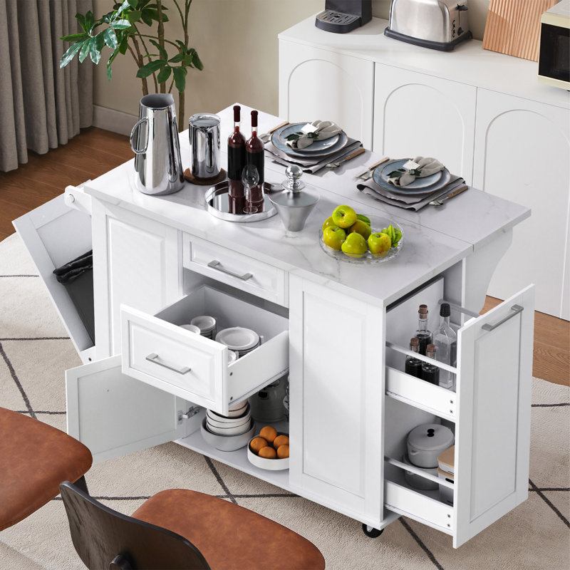 Kitchen Island With Storage Tilt Trash Can Cabinet And Pull Out Cabinet Organizer, White