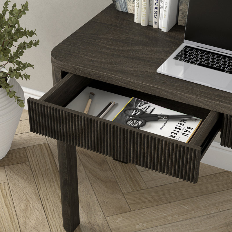 47.5" Wide Fluted Desk with Soft-Glide Drawers — Alder Brown Scandinavian MDF Writing Desk for Home Office | Gardeina