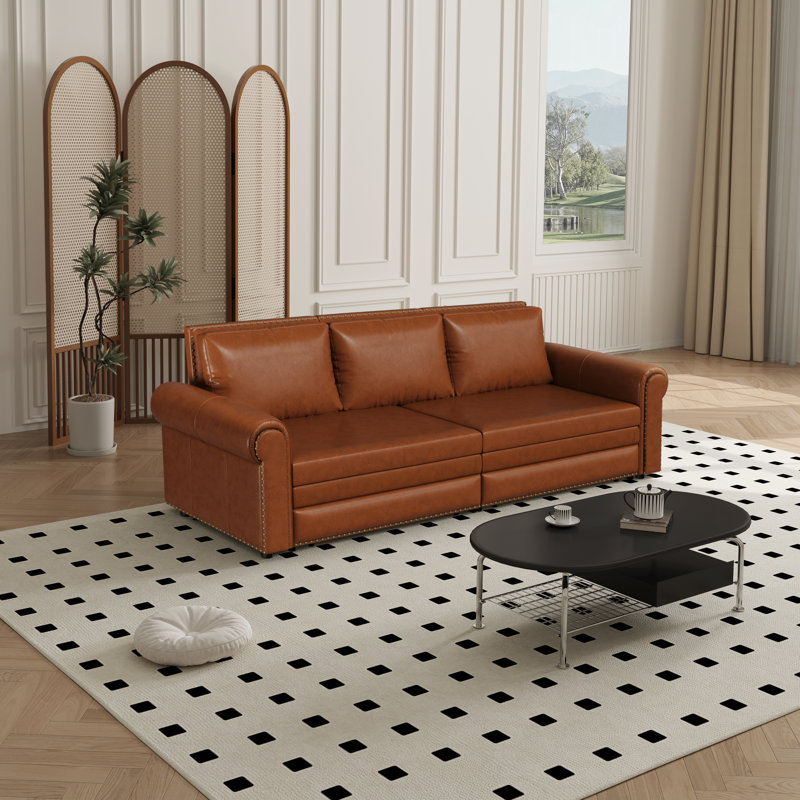 3-In-1 Faux Leather Convertible Sleeper Sofa, Light Brown