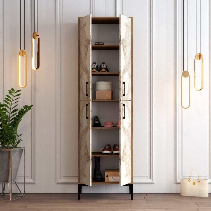 Modern Shoe Cabinet with Metal Legs & Handle, Walnut & White, 23.6 x 78.7 x 13.8 inches | 100% Melamine Coated Particle Board, Numerous Shelves, Wall-Mountable | Stylish Storage Solution for Entryway & Hallway