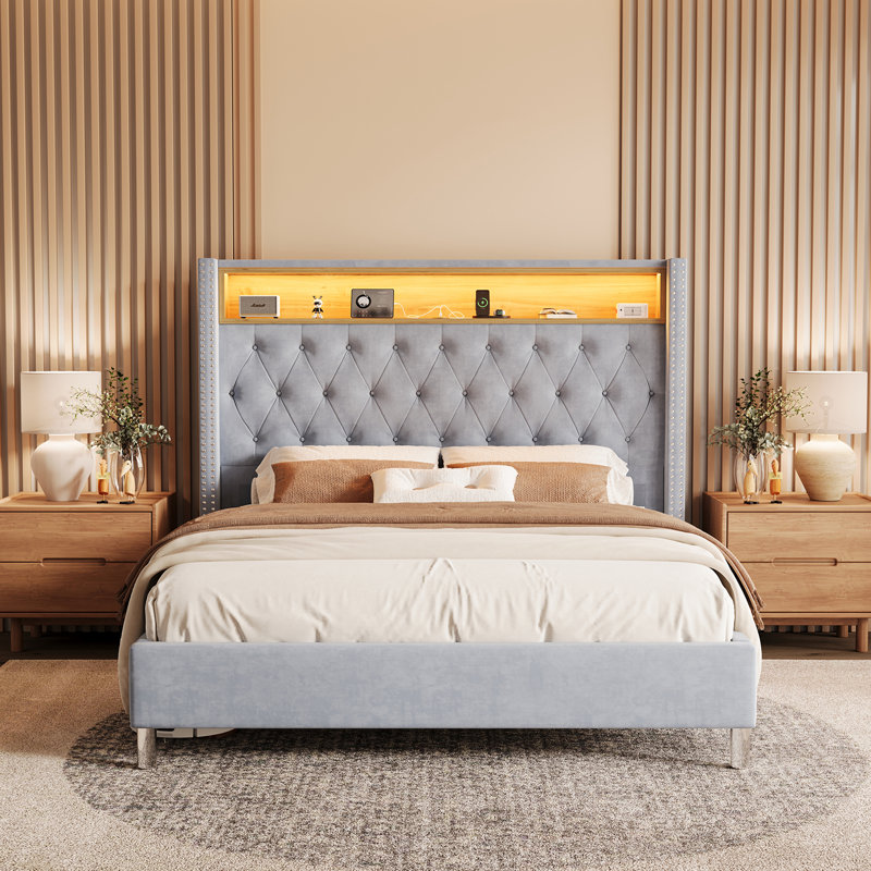 Mansuur Upholstered Platform Storage Bed, Gray, Queen