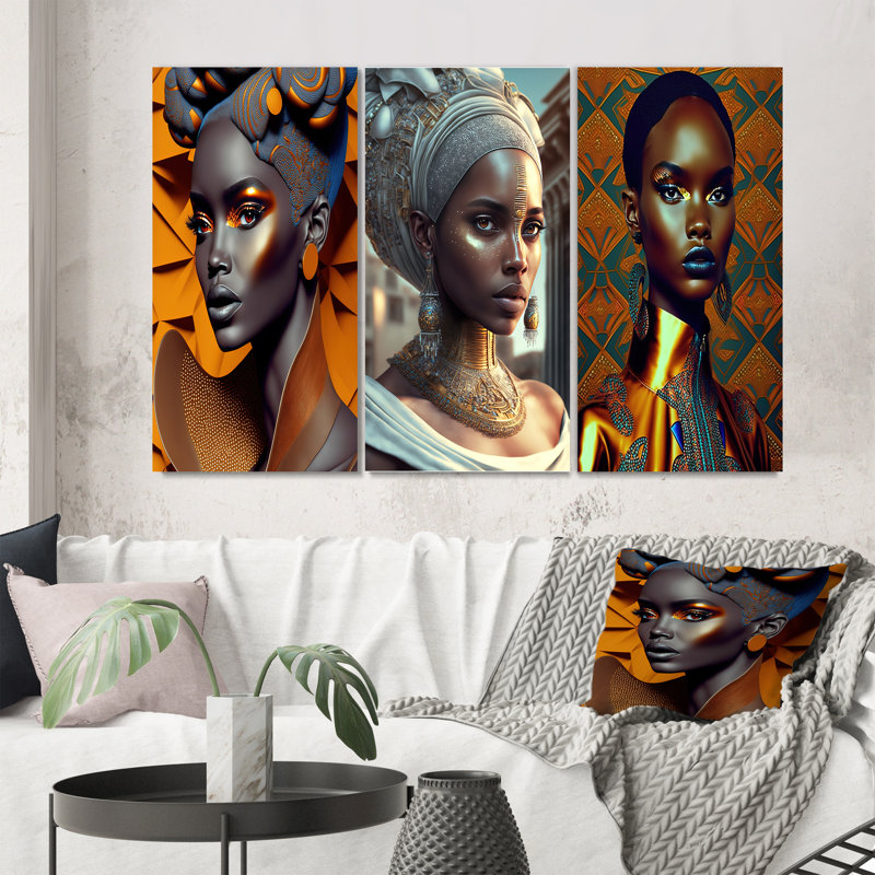 «Exquiste African Woman Design», 3 pièces sur toile, Toile tendue, H 40 po x l 60 po