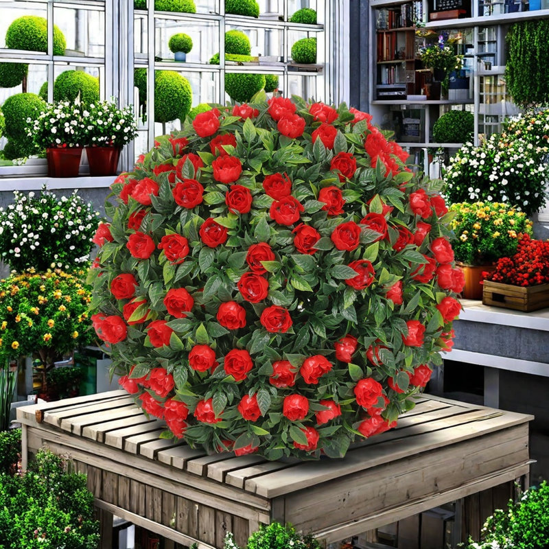 2 boules de fleurs artificielles en PE avec chaîne suspendue, Rouge, H 16,93 po x l 16,93 po