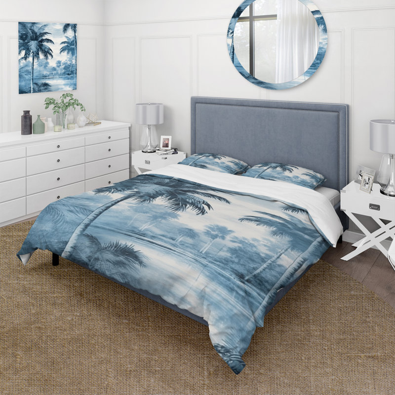 Ensemble de housse de couette Vintage Blue Palm Trees Shadows I - Palms & Palm Trees
