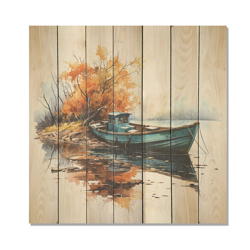 «Autumn Tranquility Canoe By The Lake II» - Bateau de pêche sur bois, H 36 po x l 36 po