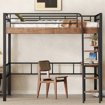 Metal Loft Bed With Desk And , Black - Full Size, Design Desk, Shelf In Space Efficient