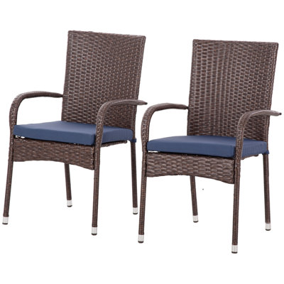 Chaises de salle à manger d'extérieur en rotin PE 2 pièces avec coussin, ensemble de chaises de patio en osier avec dossier Outsunny