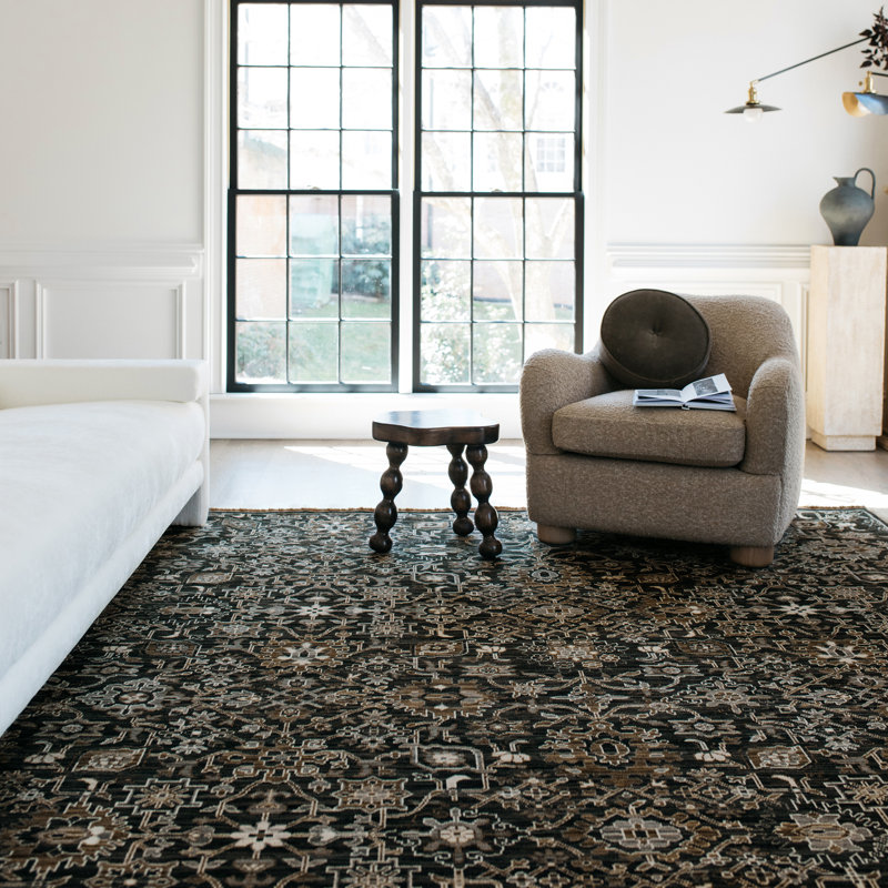 Kuester Borderless Traditonal Charcoal//Tan Wool Blend Area Rug, Rectangle 2' x 3'