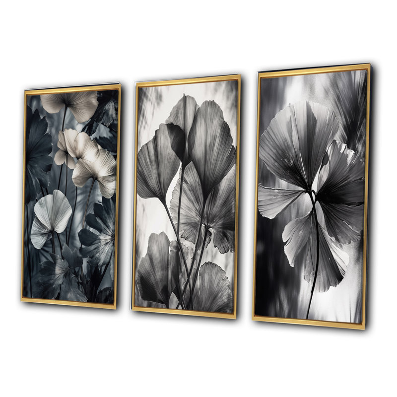 Ensemble de 3 feuilles de ginkgo tropical, Cadre flottant doré, H 32 po x l 48 po