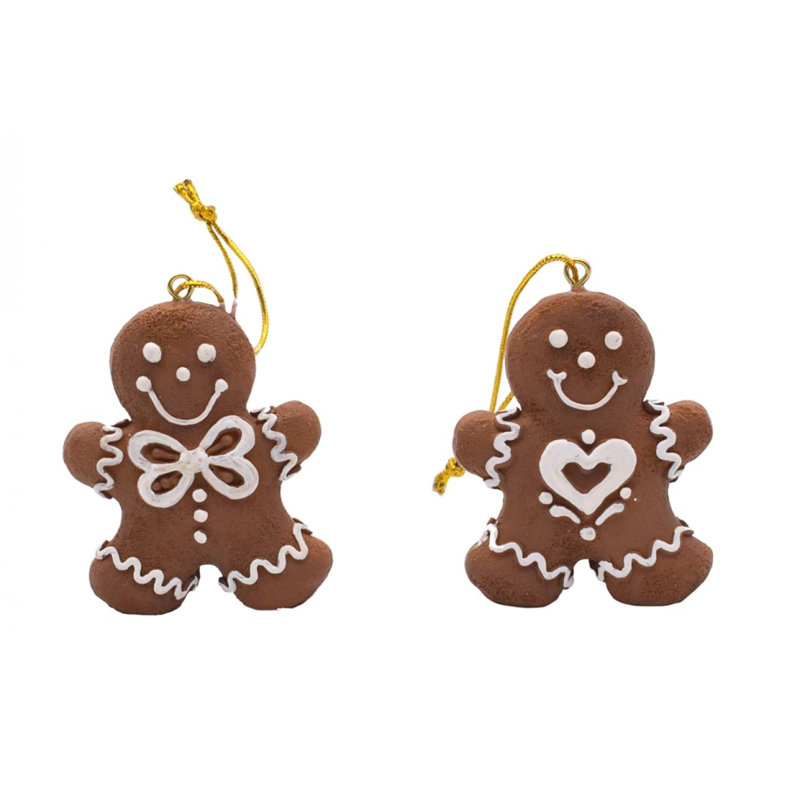 Set of 2 Brown and White Resin Gingerbread People Ornaments