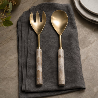 Ensemble d'ustensiles de cuisine en métal avec poignée en marbre dans une boîte pour table de salle à manger - Service de vaisselle pour hôtesse et service de traiteur - Ensemble de 2, brun clair et doré