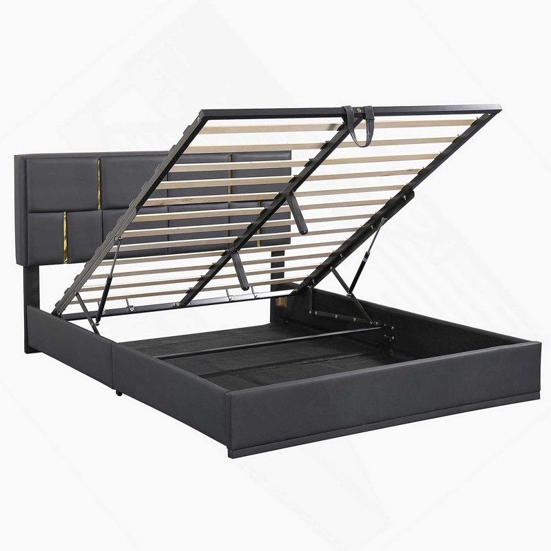 Grand lit plateforme tapissier avec système de rangement hydraulique, sans sommier, noir, Noir, noir, noir, noir