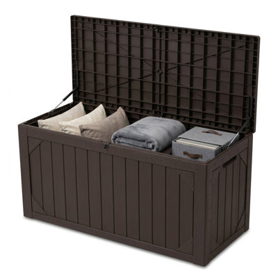 Boîte de rangement d'extérieur 100 gallons brun PawsomePad, organisateur de boîte de rangement en résine imperméable pour le rangement des coussins de patio