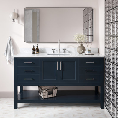 Meuble-lavabo simple 61 po Alemanno en bleu minuit, avec comptoir en marbre de Carrare italien de 0,75 po