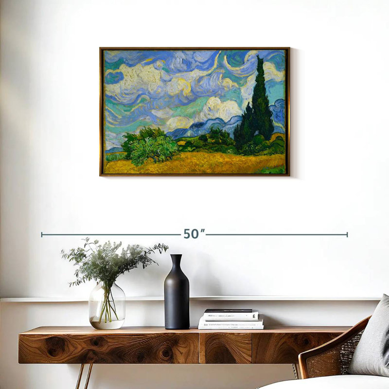 Champ de blé avec cyprès, 31 po x 21 po, Cadre flottant doré