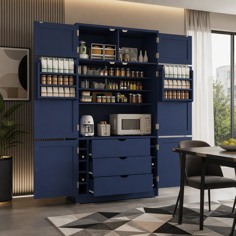 Freestanding Kitchen Pantry Cabinet, Integrated Power Outlets, Adjustable Shelving & Wine Rack, Contemporary Style, Dining & Living Room