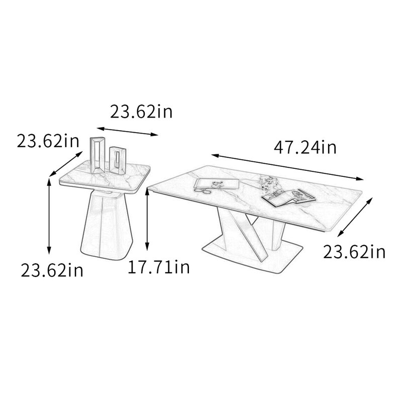 Ensemble de tables basses de salon haut de gamme, Blanc / gris clair, H 17,71 po x L 47,24 po x l 23,62 po, Doré