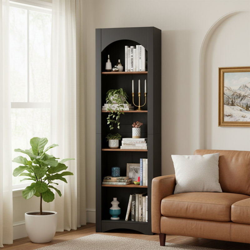 71.6" Tall Farmhouse Bookshelf, 5-Tier Narrow Bookcase, Compact Corner Bookcase With Adjustable Shelves For Living Room, Home Office, Black
