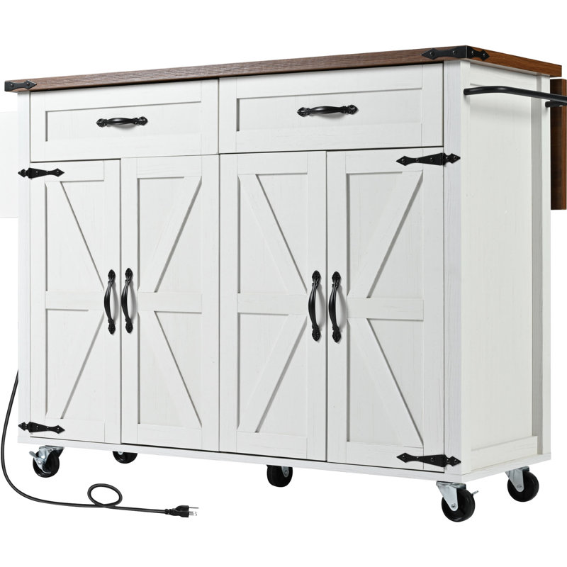 53.5'' X 28.54'' 36.5'' Kitchen Island With Power Supply And Metal Handle, White Cabinet Brown Countertop 53.5" Style Outlet Drop Leaf, Countertop, Rolling Cart Storage For Dining Room