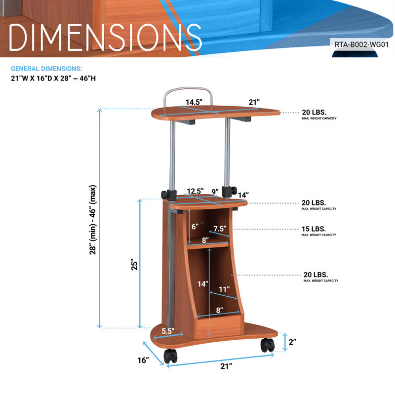Chariot pour ordinateur portable à hauteur réglable avec compartiments de rangement, Grain de bois