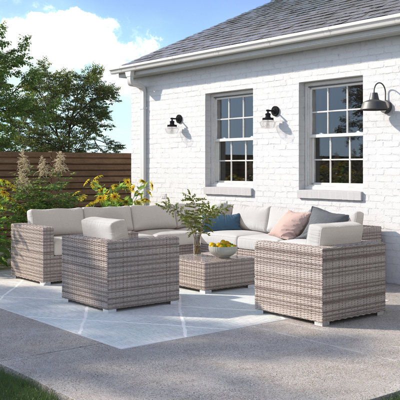 Helgi Wicker Fully Assembled 8 - Person Seating Group with Cushions, Mixed Gray