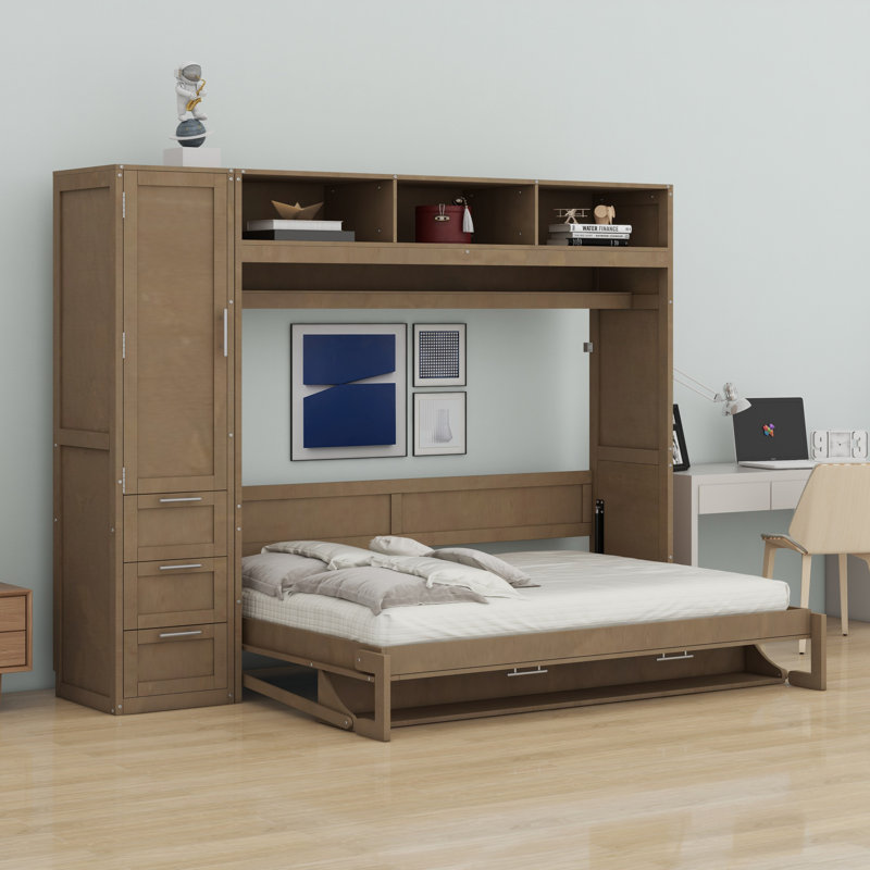 Lit escamotable avec garde-robe, tiroirs et tablettes ouvertes Murphy