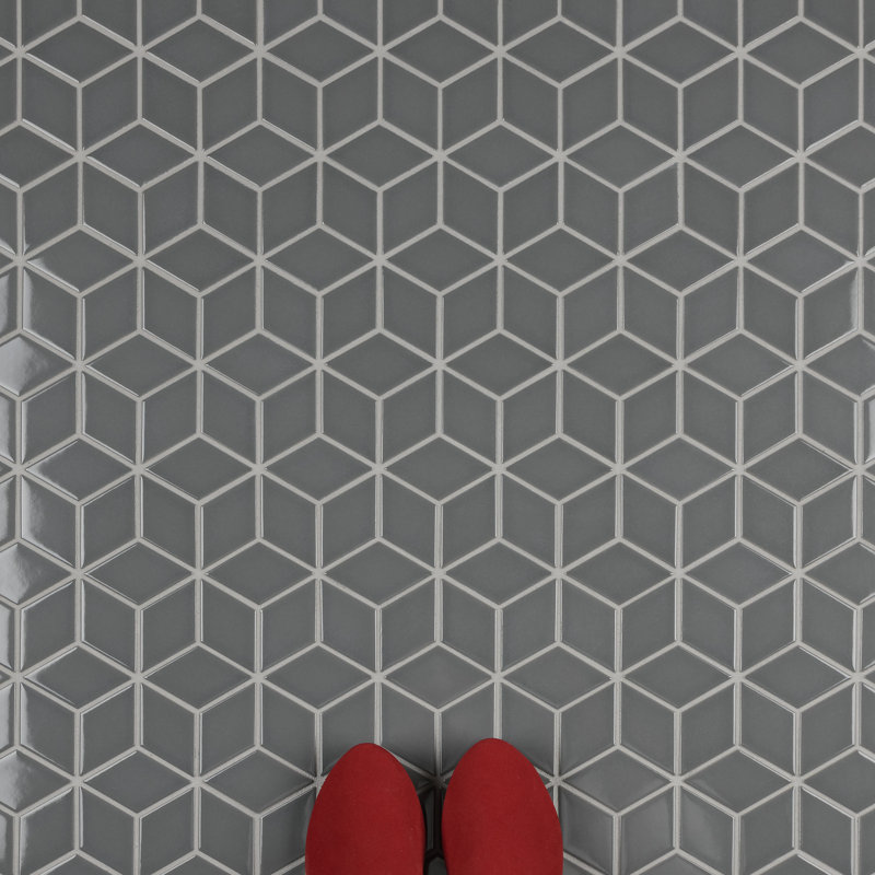 Metro Rhombus 10-1/2 " x 12-1/8 " Porcelain Mosaic Floor & Wall Tile, Glossy Gray