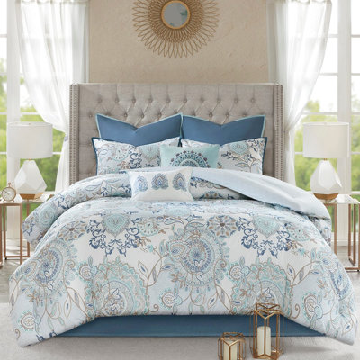 Édredon réversible en coton grand bleu 8 pièces - Style, imprimé médaillon, réversible lavable à la machine, motif géométrique, jupe de lit de couleur unie,
