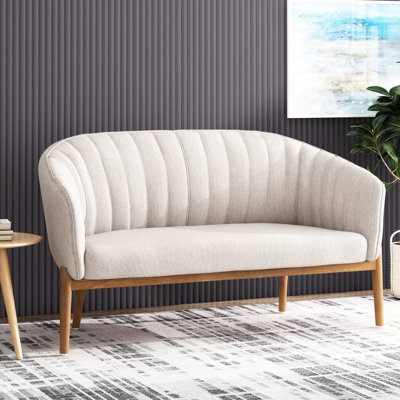 Mid Century Modern Beige , Channel Stitched , Brown Rubberwood Legged, Assembly Included Fabric With Flair, Legs,