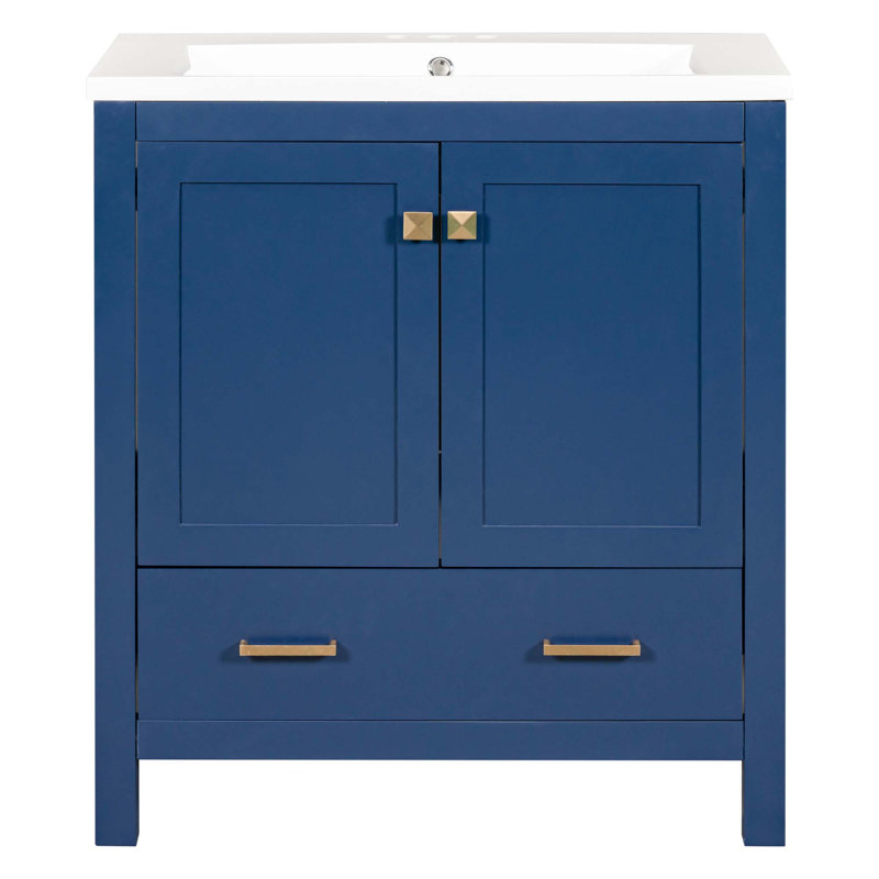 Meuble-lavabo de salle de bain avec lavabo simple, 2 portes à fermeture douce et un tiroir, Bleu