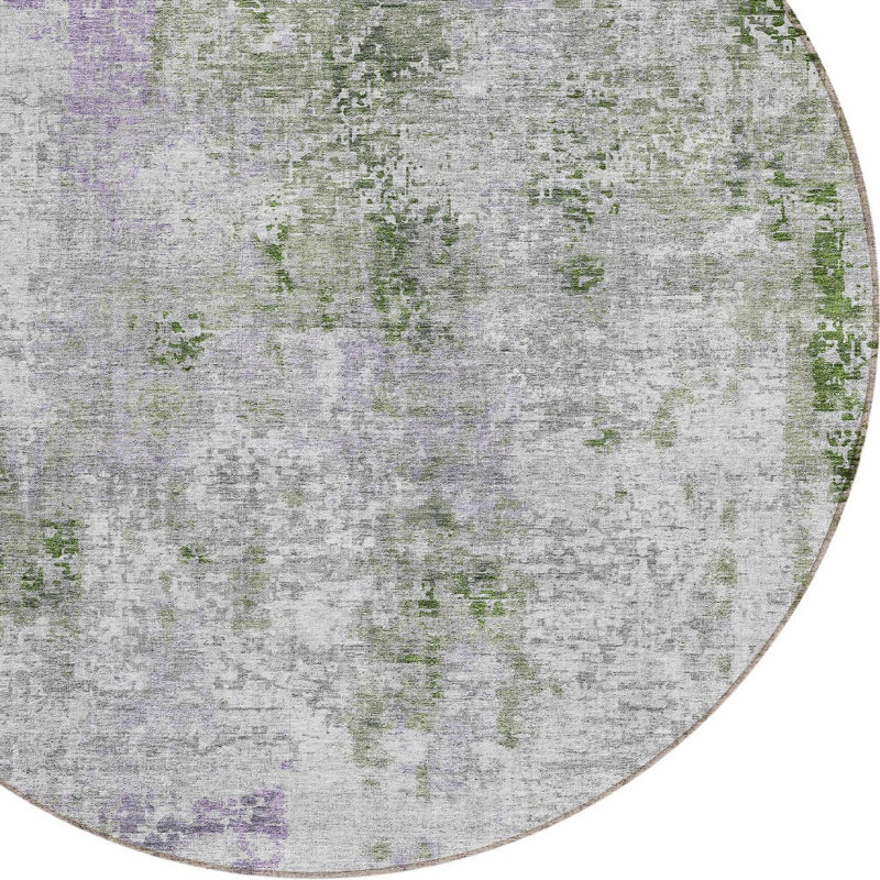 Tapis extérieur rond lavable abstrait vert olive et gris 8 pi