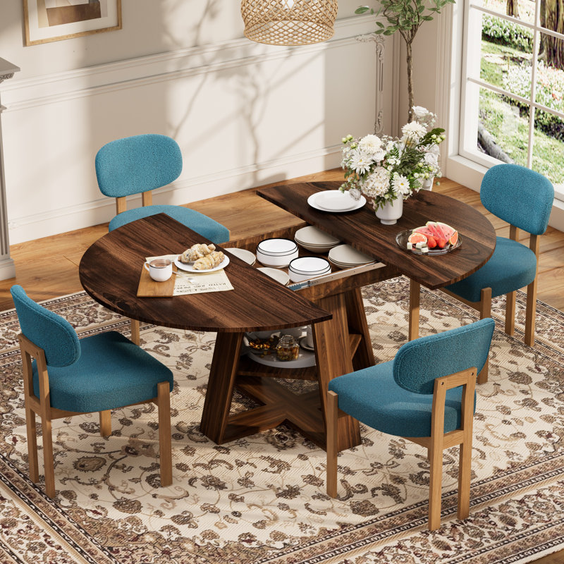 Ensemble de salle à manger multifonctionnel extensible de 43,3 po à 59 po avec tablette de rangement et chaises en tissu de chenille, table de salle à manger familiale peu encombrante