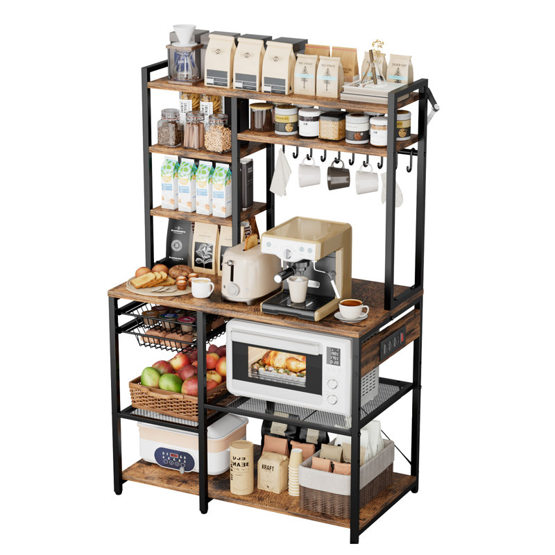 Étagère de boulanger de cuisine, étagère de boulanger avec câble d'alimentation de 5 pi avec prise de courant, support de cuisine avec barre de support en forme de X, 10 crochets en forme de S, support de bar à café pour les plats, bouteilles d'ép