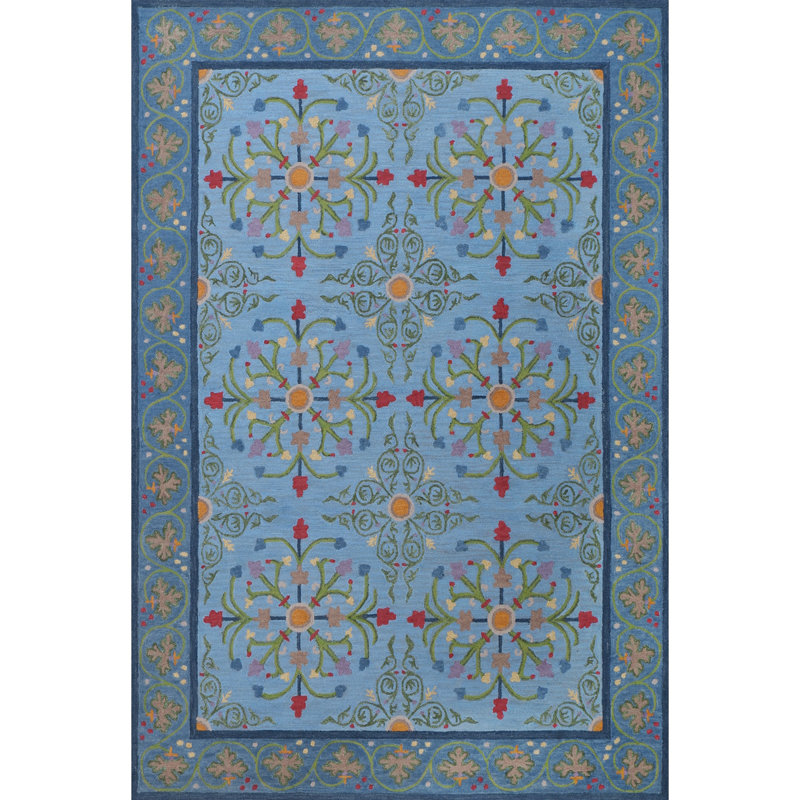 Alpenrose Hand-Tufted Wool Loop Pile Indoor Rug Traditional Bordered Blue , Rectangle 9' x 13'
