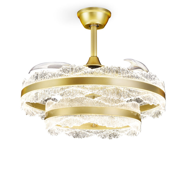 24" Double Ring Mountain Texture Ceiling Fan with Lights, Modern Invisible Blade Fandelier with Frosted Glass Shade, Luxury Flush Mount LED Chandelier Fan for High-End Living Room（Bulbs Included）