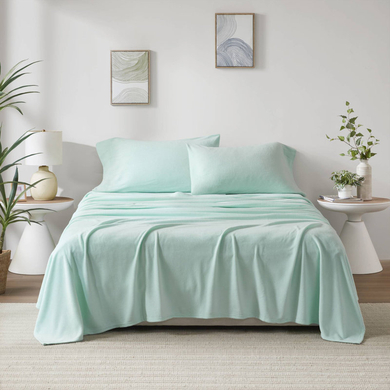 Ensemble de draps en tricot de coton toutes saisons, Housse de couette simple TG + 1 taie d'oreiller, Aqua