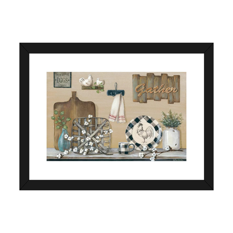 «Farmhouse Kitchen» par Pam Britton - impression d'art graphique, Papier encadré noir, H 24 po x l 32 po x P 1 po