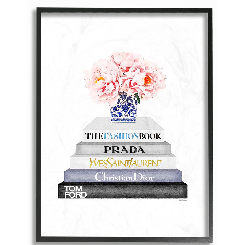 «Bookstack with Pink Flowers», reproduction, H 20 po x l 16 po, Cadre noir